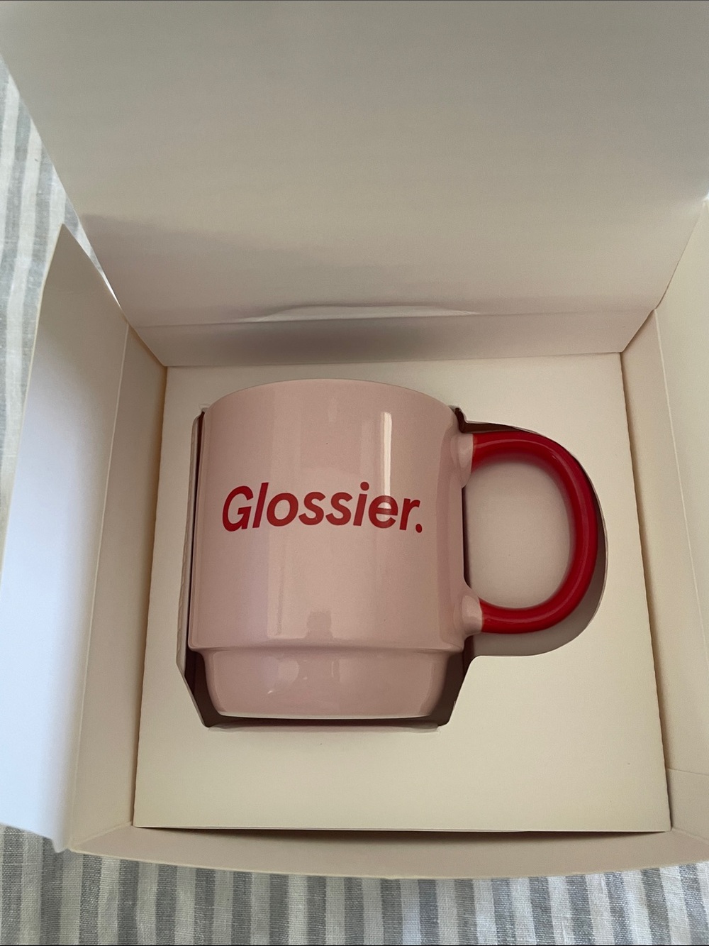 Glossier Pink Mug with Red Handle and Logo